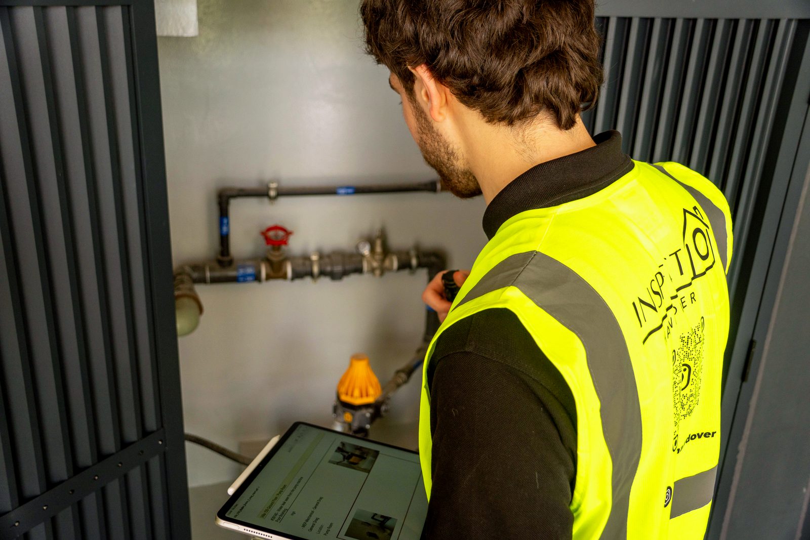 Inspecto Handover inspector in Dubai: pump room pipework, valves and pressure equipment logged on the tablet